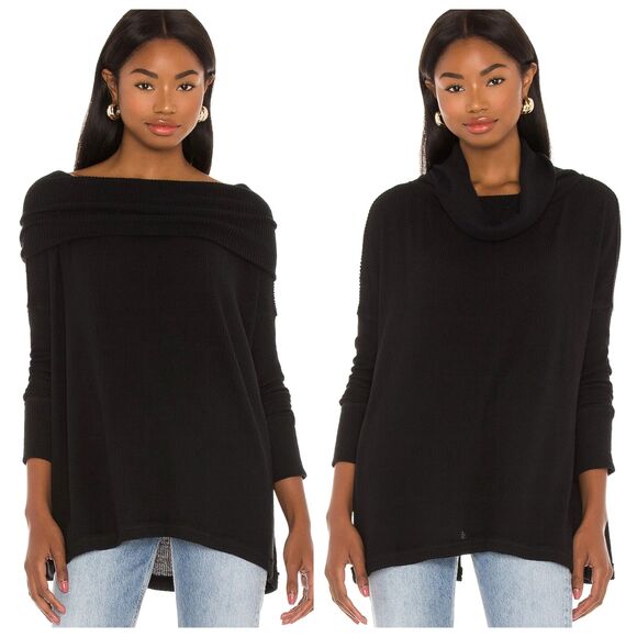 Free People Waffle Knit Long Sleeve Top MEDIUM Open Back Oversized Juicy Black - Picture 3 of 13